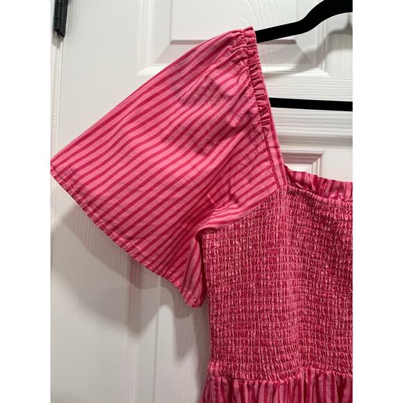 Draper James Deana Smocked Stripe Poplin Midi Dress Medium Pink Modest Milkmaid - Picture 4 of 13
